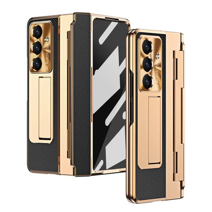 For Samsung Galaxy Z Fold 7 6 5 4 5G With Screen Protect Glass Film Luxury Leather One-Piece Plating Stand Hinge Shockproof Case
