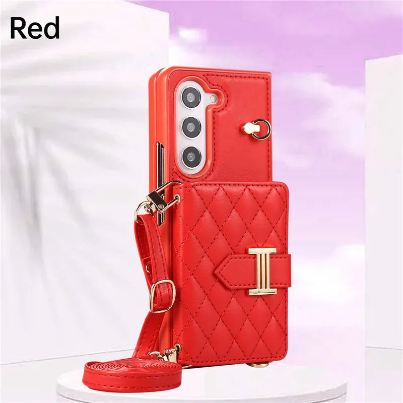 Crossbody Lanyard Leather Wallet Card Phone Case for Samsung Galaxy Z Fold 7 6 5 4 3 Fold6 Fold5 Fold4 Fold3 Wrist Rope Cover