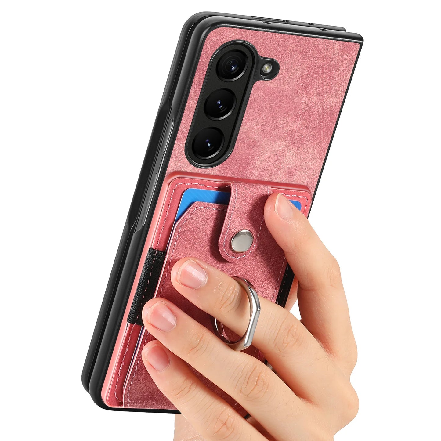 Z Fold 7 Retro Pu Leather Phone Case for Samsung Galaxy Z Fold 6 5 4 3 Magnetic Hardware Ring&buckle Card Slot Bag Bracket Cover