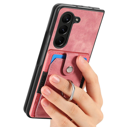 Z Fold 7 Retro Pu Leather Phone Case for Samsung Galaxy Z Fold 6 5 4 3 Magnetic Hardware Ring&buckle Card Slot Bag Bracket Cover