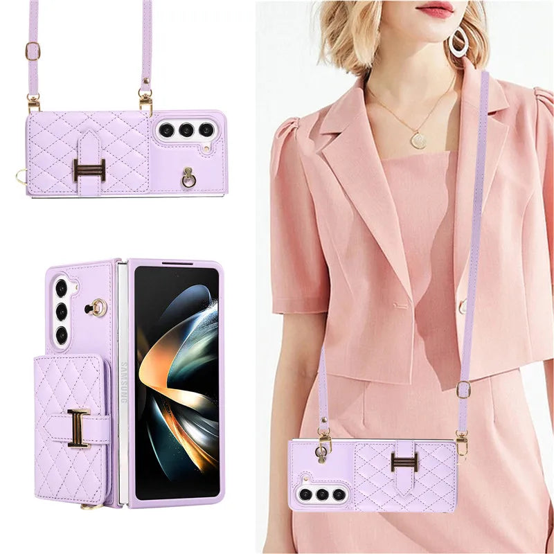 Crossbody Lanyard Leather Wallet Card Phone Case for Samsung Galaxy Z Fold 7 6 5 4 3 Fold6 Fold5 Fold4 Fold3 Wrist Rope Cover