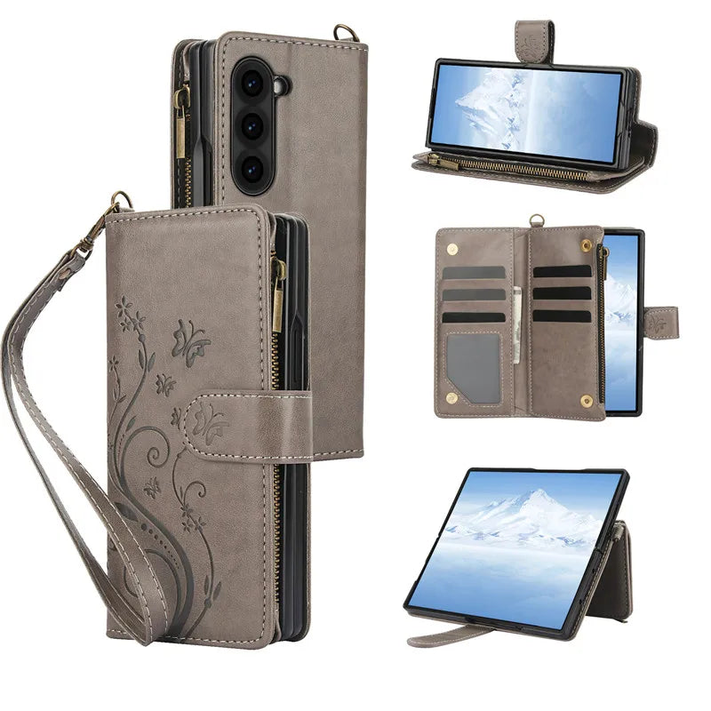 Lanyard Leather Zipper Wallet Multi Card Phone Case for Samsung Galaxy Z Fold 7 6 5 4 3 Fold6 Fold5 Fold4 Fold3 Flip Stand Cover