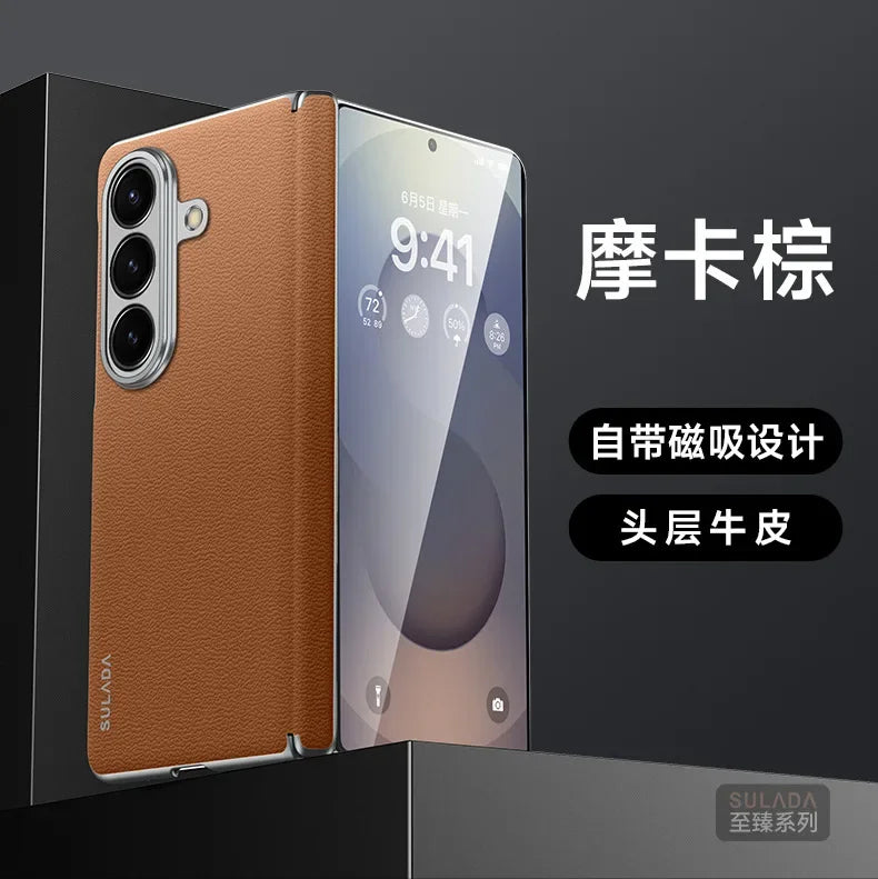 First Layer Cowhide Leather Phone Case for Samsung Galaxy Z Fold 7 Fold7 Metal Lens Protection Magnetic Attraction Hard Cover