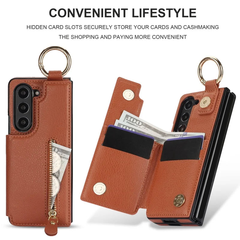 Ring Leather Zipper Wallet Card Slot Phone Case for Samsung Galaxy Z Fold 7 6 5 4 3 Shock Proof Flip Purse Holder Cover Hoesje