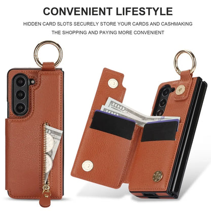 Ring Leather Zipper Wallet Card Slot Phone Case for Samsung Galaxy Z Fold 7 6 5 4 3 Shock Proof Flip Purse Holder Cover Hoesje