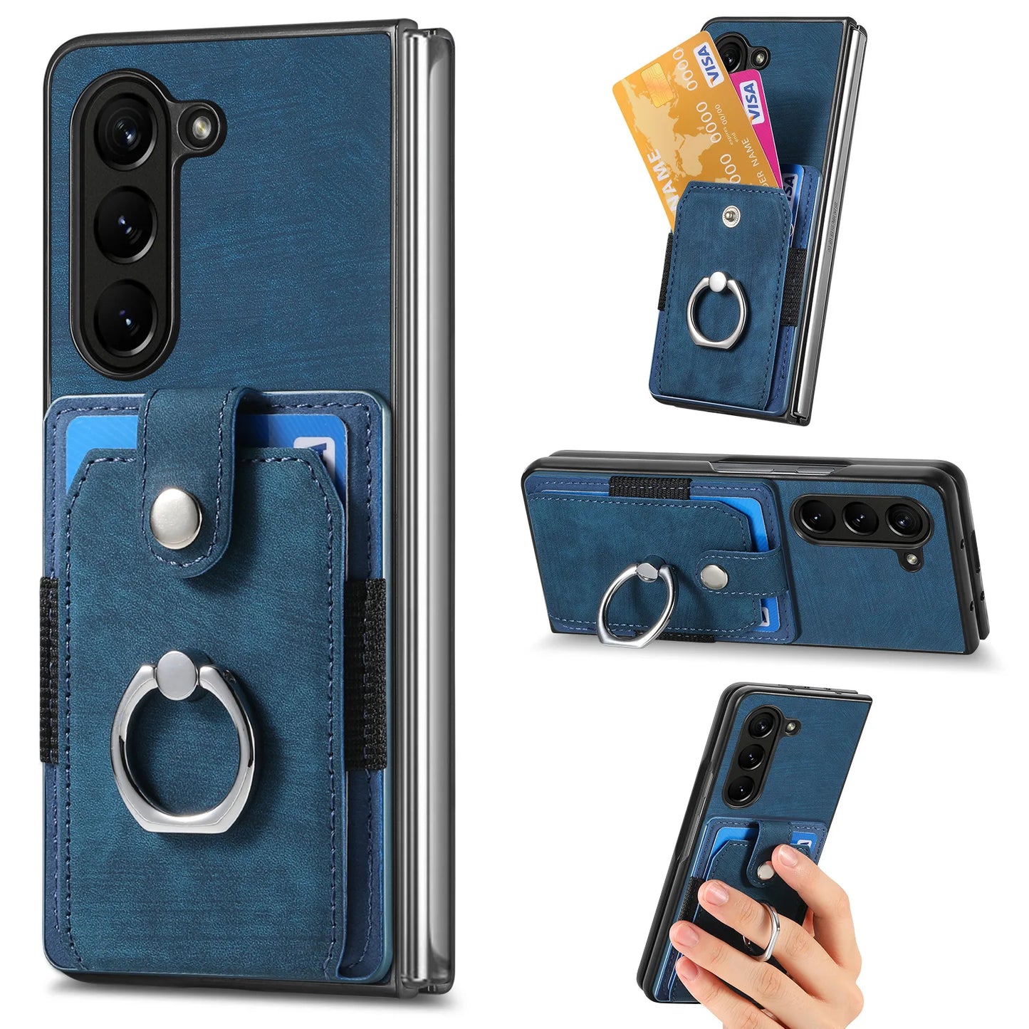 Z Fold 7 Retro Pu Leather Phone Case for Samsung Galaxy Z Fold 6 5 4 3 Magnetic Hardware Ring&buckle Card Slot Bag Bracket Cover