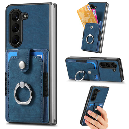 Z Fold 7 Retro Pu Leather Phone Case for Samsung Galaxy Z Fold 6 5 4 3 Magnetic Hardware Ring&buckle Card Slot Bag Bracket Cover