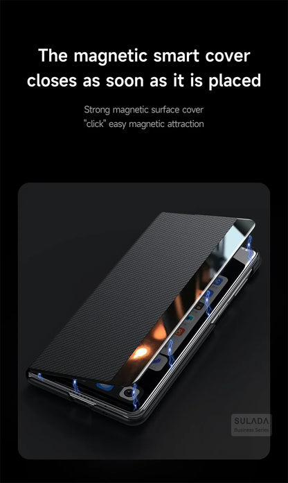 Carbon Fiber Magsafe Flip Case for Z Fold 7/6 – Leather Business Window View