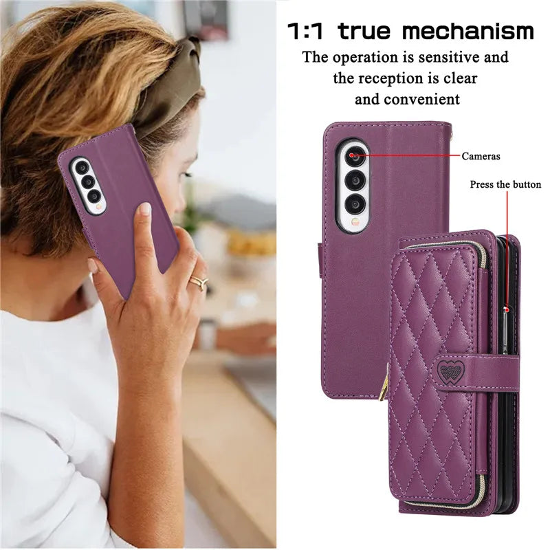 Crossbody Lanyard Zip Leather Wallet Card Phone Case for Samsung Galaxy Z Fold 7 6 5 4 3 Luxury Wrist Rope Flip Stand Cover Bag