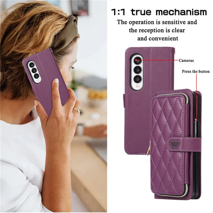 Crossbody Lanyard Zip Leather Wallet Card Phone Case for Samsung Galaxy Z Fold 7 6 5 4 3 Luxury Wrist Rope Flip Stand Cover Bag