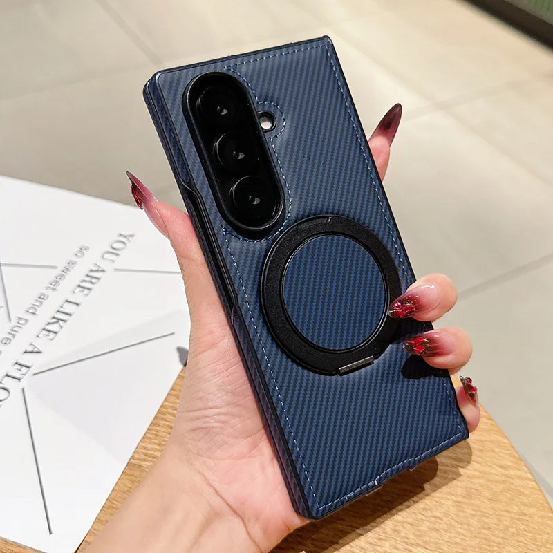Auto Leather Phone Case for Samsung Galaxy Z Fold 7 Fold6 5 4 3 Magnetic Rotating Alloy Bracket Ring Carbon Fiber Pattern Cover