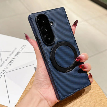 Auto Leather Phone Case for Samsung Galaxy Z Fold 7 Fold6 5 4 3 Magnetic Rotating Alloy Bracket Ring Carbon Fiber Pattern Cover