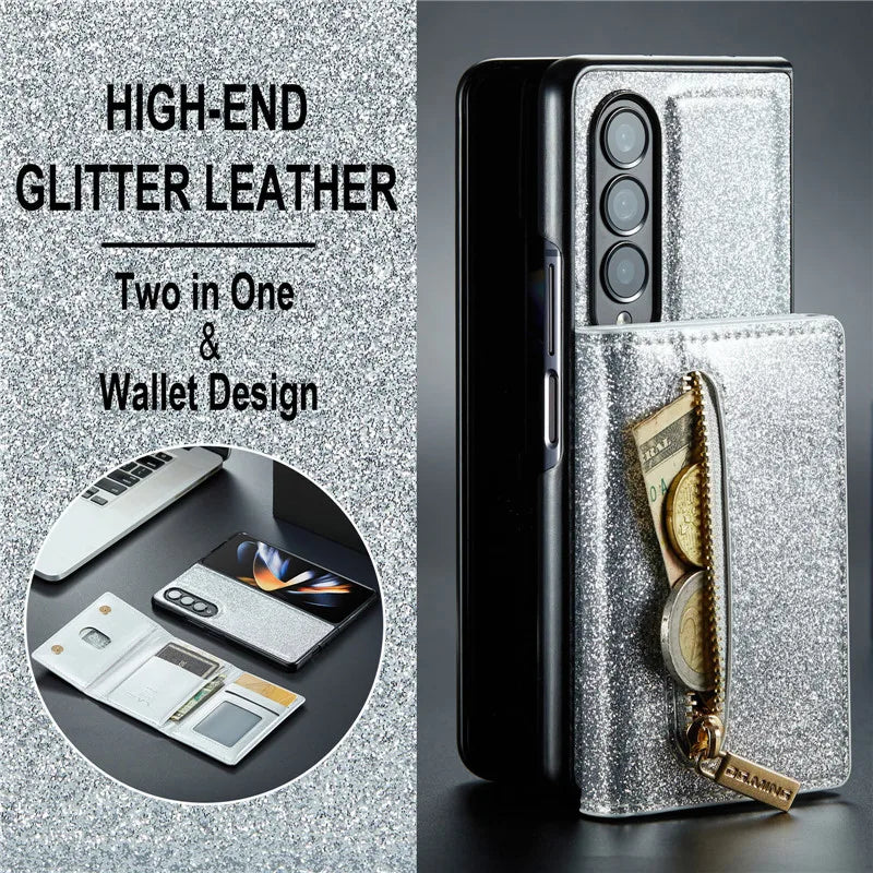 Glitter Magnetic Leather Zip Wallet Phone Case For Samsung Galaxy Z Fold 5 4 3