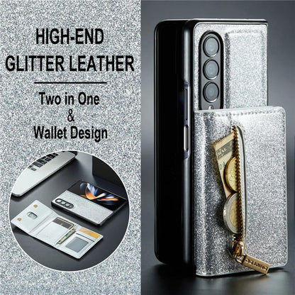 Glitter Magnetic Leather Zip Wallet Phone Case For Samsung Galaxy Z Fold 5 4 3