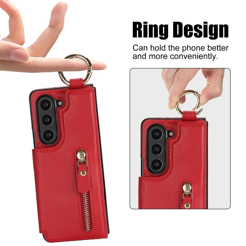 Ring Leather Zipper Wallet Card Slot Phone Case for Samsung Galaxy Z Fold 7 6 5 4 3 Shock Proof Flip Purse Holder Cover Hoesje