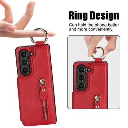 Ring Leather Zipper Wallet Card Slot Phone Case for Samsung Galaxy Z Fold 7 6 5 4 3 Shock Proof Flip Purse Holder Cover Hoesje