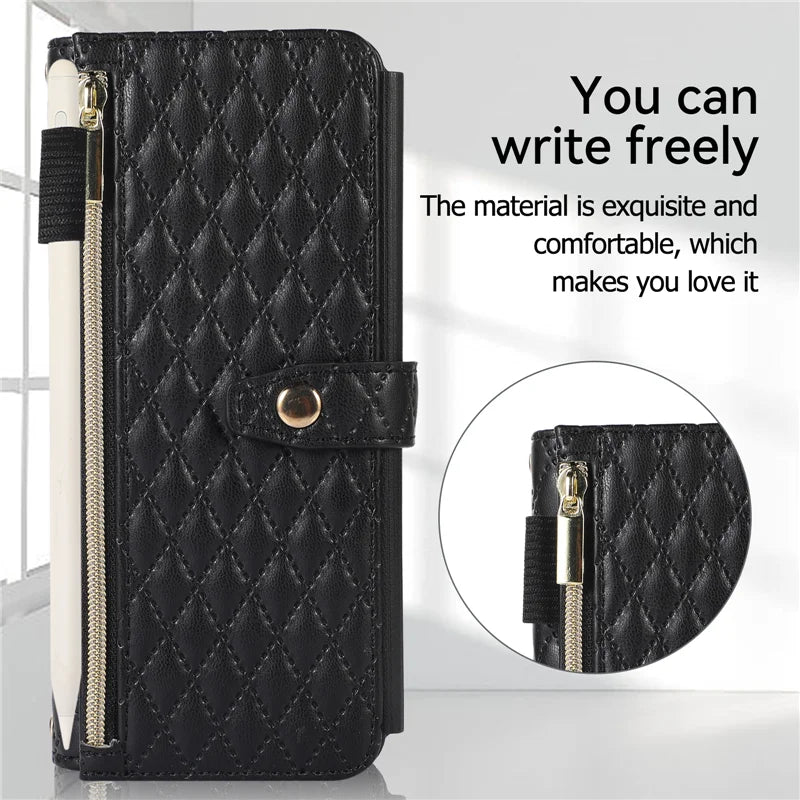 Luxury Lanyard Leather Flip Stand Phone Case for Samsung Galaxy Z Fold 7 6 5 4 3 Fold6 Fold5 Fold3 Fold4 Zip Wallet Card Cover