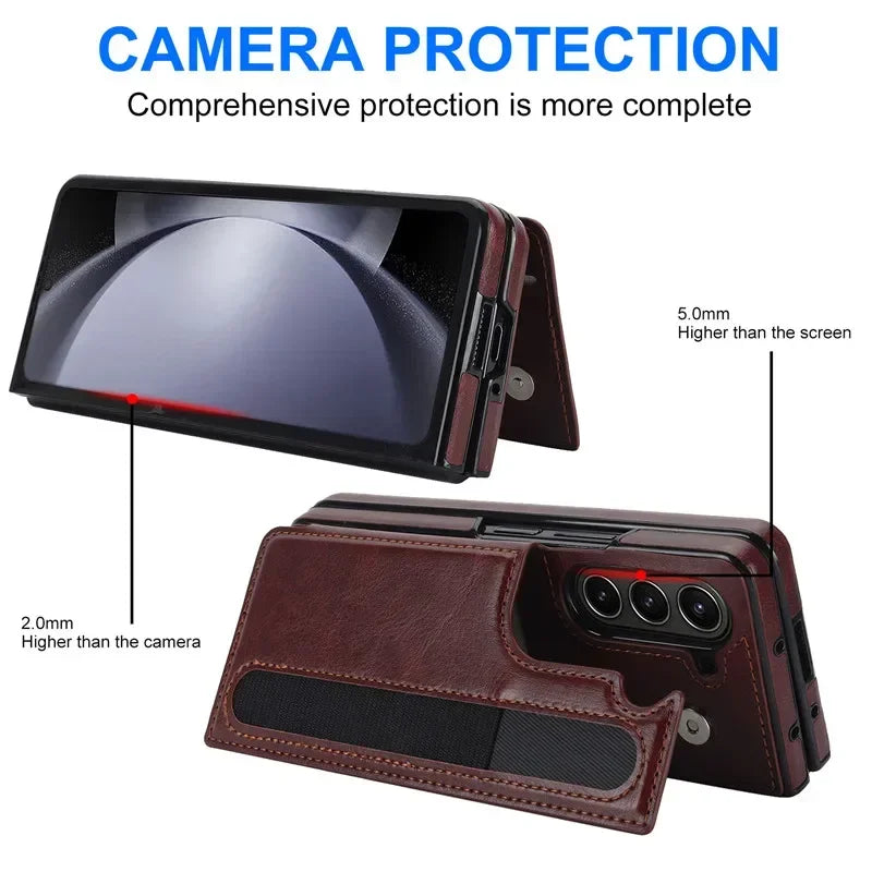 Pen Slot Leather Wallet Card Phone Case for Samsung Galaxy Z Fold 7 6 5 4 3 Fold6 Fold5 Fold4 Fold3 Retor Flip Stand Cover Etui