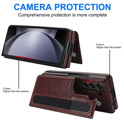 Pen Slot Leather Wallet Card Phone Case for Samsung Galaxy Z Fold 7 6 5 4 3 Fold6 Fold5 Fold4 Fold3 Retor Flip Stand Cover Etui