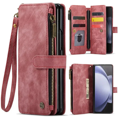 Luxury Lanyard Leather Zipper Wallet Card Phone Case For Samsung Galaxy Z Fold 7 6 5 4 Fold6 Fold5 Fold4 Purse Flip Stand Cover