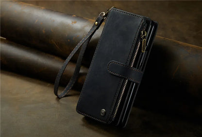 Luxury Lanyard Leather Zipper Wallet Card Phone Case For Samsung Galaxy Z Fold 7 6 5 4 Fold6 Fold5 Fold4 Purse Flip Stand Cover