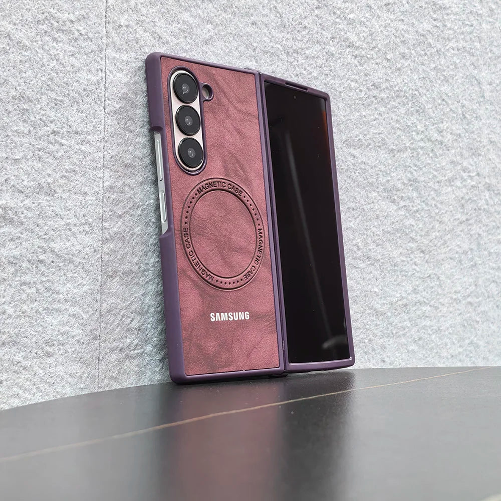 Magnetic Sheepskin Leather Case For Samsung Galaxy Z Fold 3 4 5 6 7 For Magsafe Wireless Charging Hard PC Protective Cover