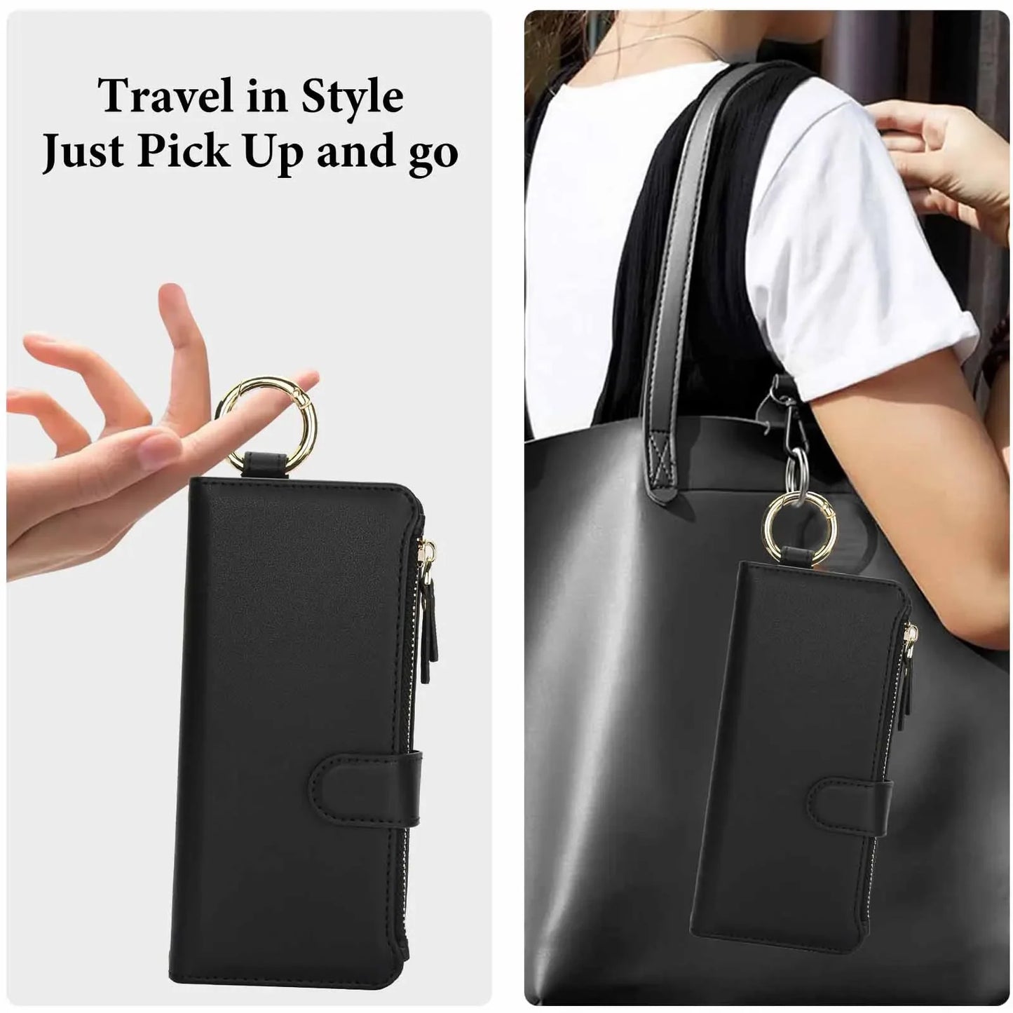 ZFold 7 Pu Leather Crossbody Phone Case for Samsung Galaxy Z Fold 7 6 5 4 3 Ring&Wrist Strap&Long Rope&Zipper Card Wallet Cover