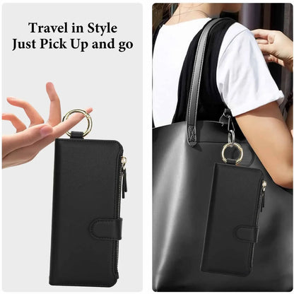 ZFold 7 Pu Leather Crossbody Phone Case for Samsung Galaxy Z Fold 7 6 5 4 3 Ring&Wrist Strap&Long Rope&Zipper Card Wallet Cover