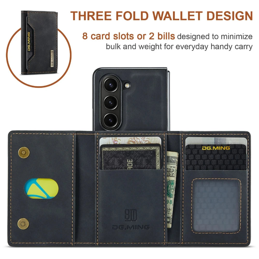 Z Fold 7 Phone Case for Samsung Galaxy Z Fold 6 5 4 3 Magnetic Detachable Metal Button Card Slot Bracket Wallet Pu Leather Cover