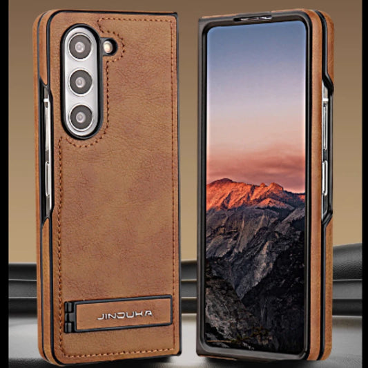 Z Fold 6 Electroplated Frame Bracket flip Leather cell Phone Case for Samsung Galaxy Z Fold 6 5 4 3 Anti Fingerprint Back Cover