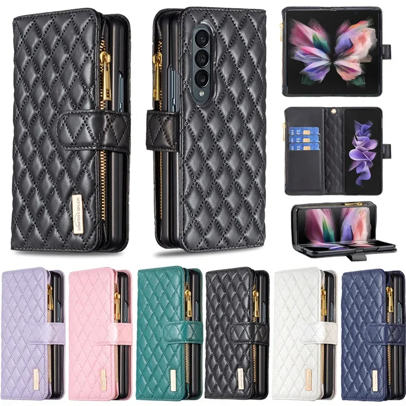 Luxury Lanyard Zipper Wallet Card Slot Phone Case For Samsung Galaxy Z Fold 7 6 5 4 3 Fold6 Fold5 Fold4 Leather Flip Stand Cover