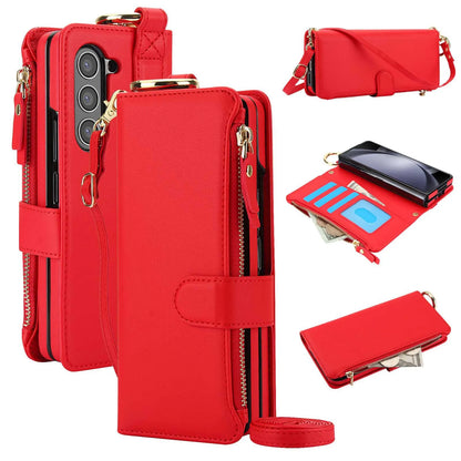 ZFold 7 Pu Leather Crossbody Phone Case for Samsung Galaxy Z Fold 7 6 5 4 3 Ring&Wrist Strap&Long Rope&Zipper Card Wallet Cover