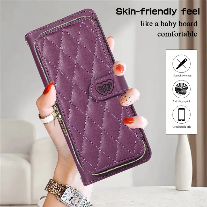 Crossbody Lanyard Zip Leather Wallet Card Phone Case for Samsung Galaxy Z Fold 7 6 5 4 3 Luxury Wrist Rope Flip Stand Cover Bag