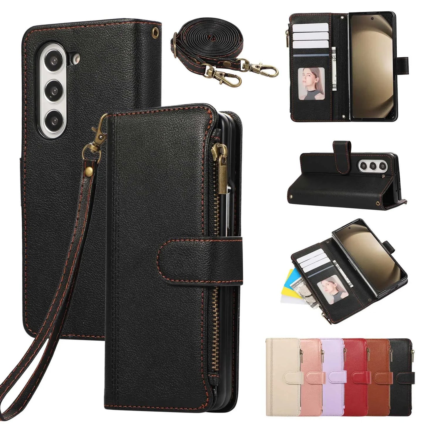 Lanyard+long Strap Crossbody Phone Case for Samsung Galaxy Z Fold 7 Fold6 5 4 3 Zipper&buckle Leather Card Holder Wallet Cover