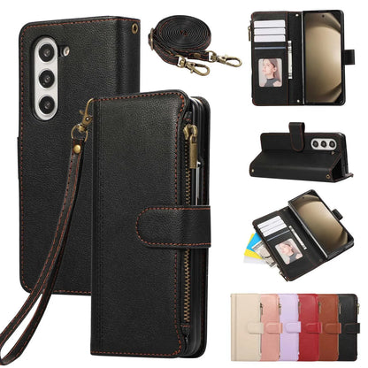 Lanyard+long Strap Crossbody Phone Case for Samsung Galaxy Z Fold 7 Fold6 5 4 3 Zipper&buckle Leather Card Holder Wallet Cover