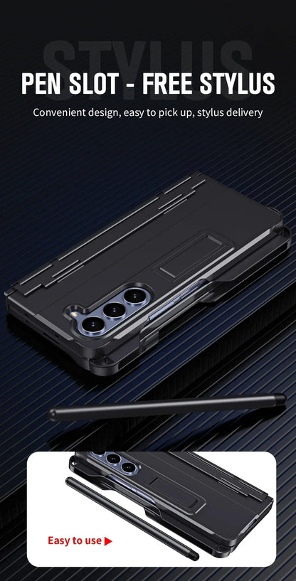 Included Pen Folding Stand Case for Samsung Galaxy Z Fold 6 5 4 3 5G Side Hinge Pen Slot Holder Protection Tempered Film Cover