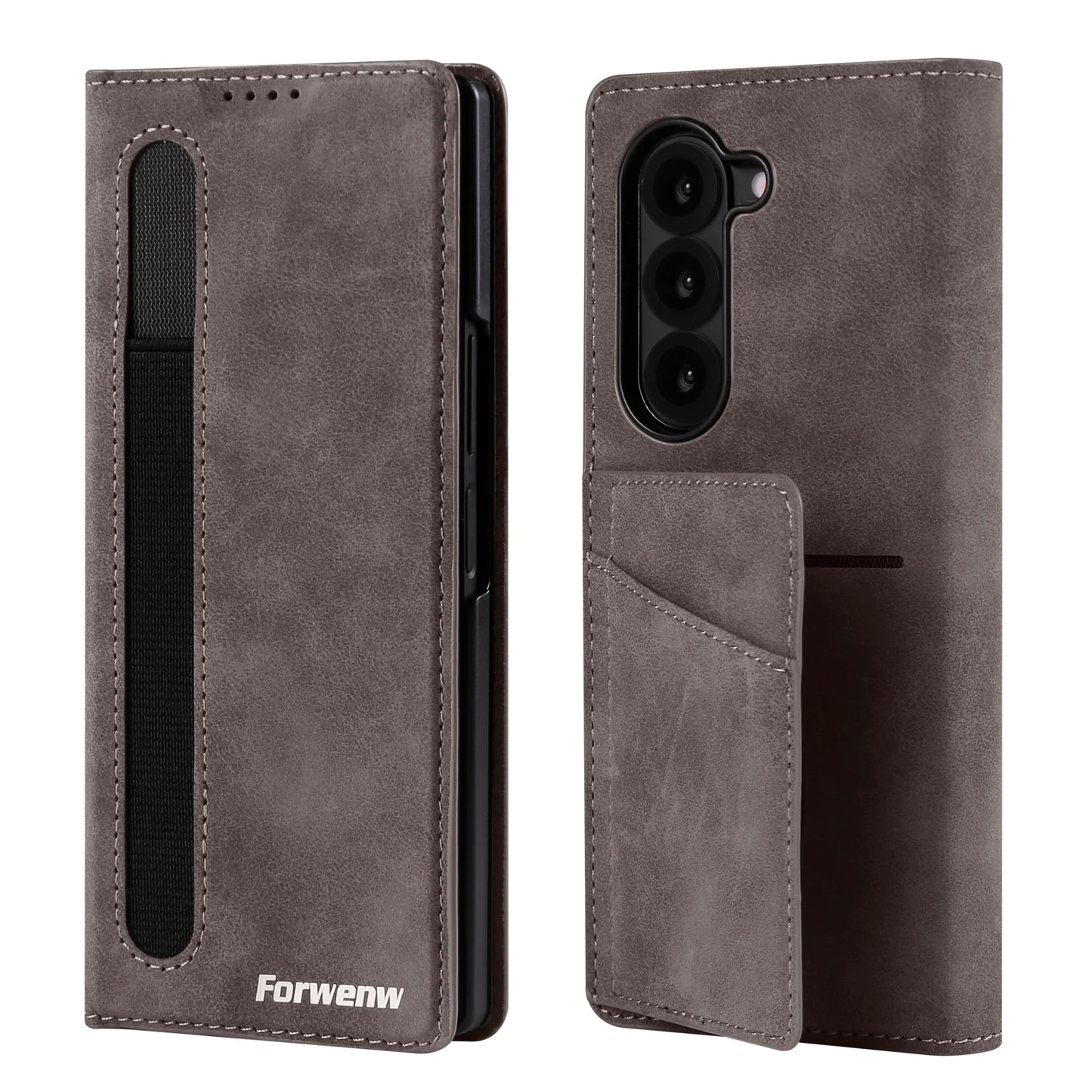 Forwenw Luxury Card Bag Holder Leather Case for Galaxy Z Fold 7 Fold 6 Fold 5 Fold 4 Fold 3 Pen Slot Holder Folding Cover Funda