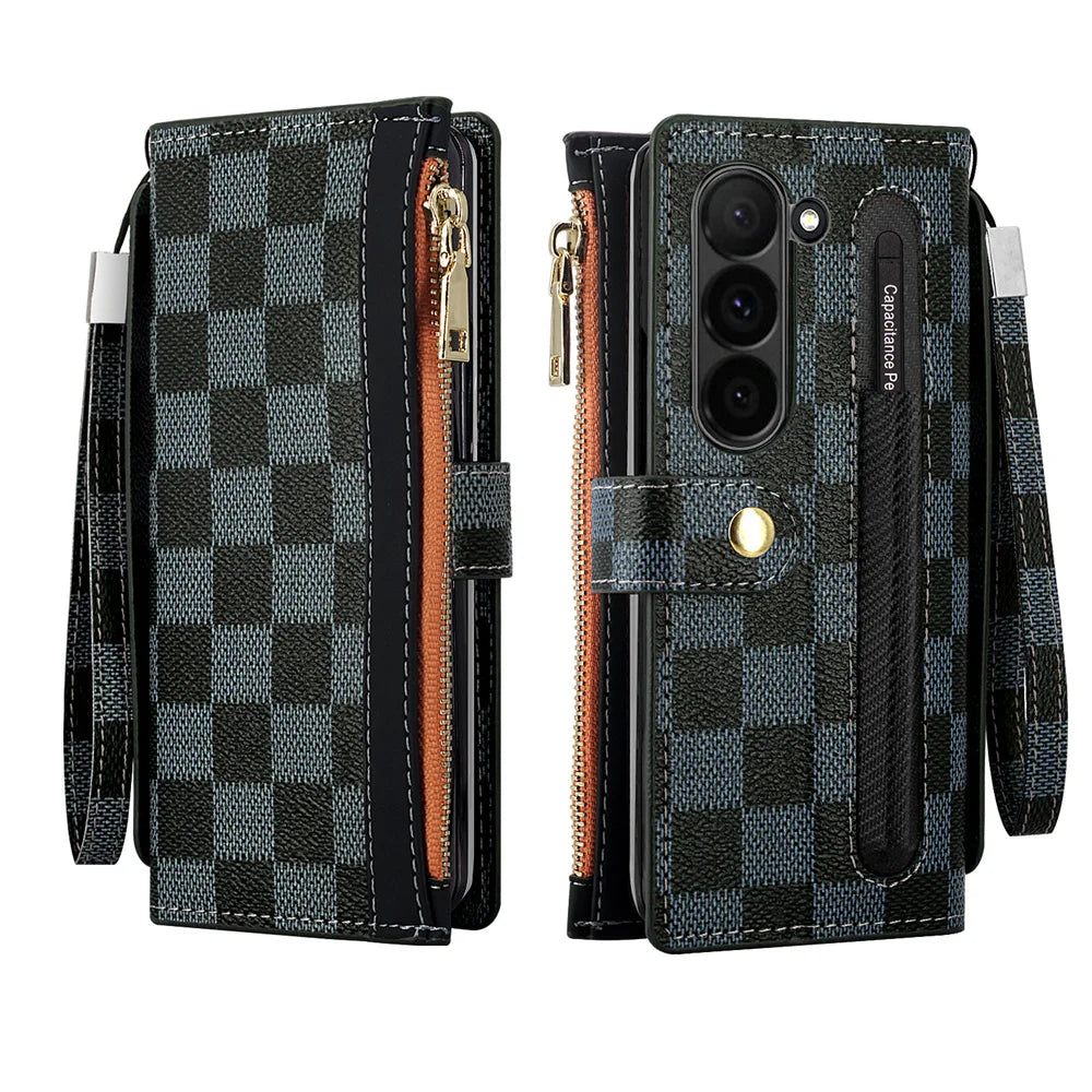 Leather Card Wallet With S Pen Solt Case For Samsung Galaxy Z Fold 6 5 4 3 2 ZFold6 Fold Multifunctional Zipper Protection Cover