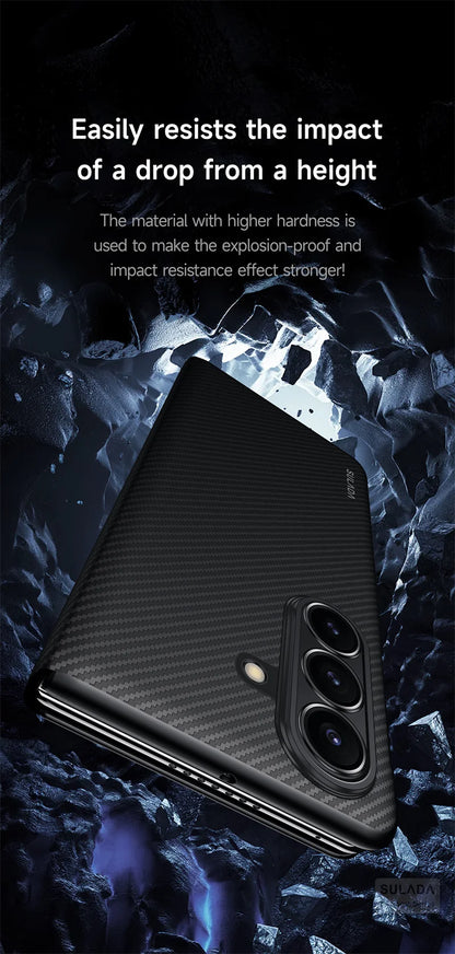 Carbon Fiber Magsafe Flip Case for Z Fold 7/6 – Leather Business Window View