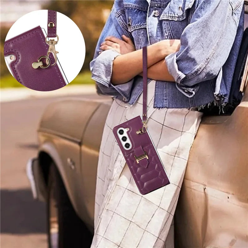 Crossbody Lanyard Leather Phone Case for Samsung Galaxy Z Fold 6 5 4 3 Fold6 Fold5 Fold4 Fold3 Wrist Rope Wallet Card Cover Etui