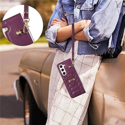 Crossbody Lanyard Leather Phone Case for Samsung Galaxy Z Fold 6 5 4 3 Fold6 Fold5 Fold4 Fold3 Wrist Rope Wallet Card Cover Etui