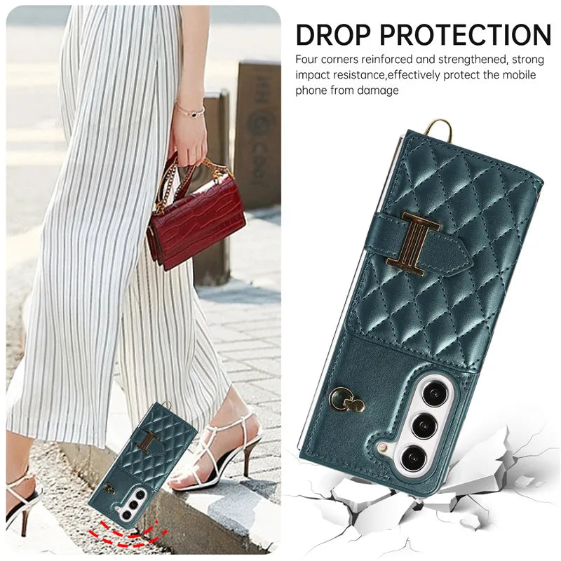 Crossbody Lanyard Leather Wallet Card Phone Case for Samsung Galaxy Z Fold 7 6 5 4 3 Fold6 Fold5 Fold4 Fold3 Wrist Rope Cover