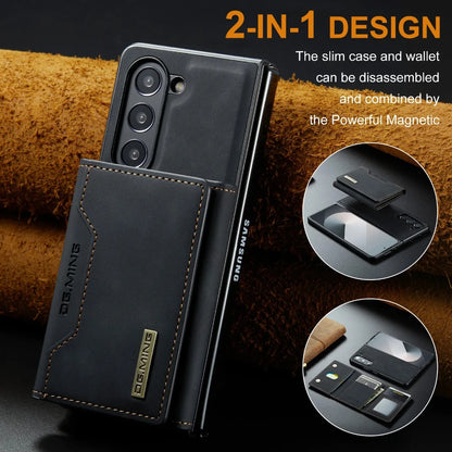 Z Fold 7 Phone Case for Samsung Galaxy Z Fold 6 5 4 3 Magnetic Detachable Metal Button Card Slot Bracket Wallet Pu Leather Cover