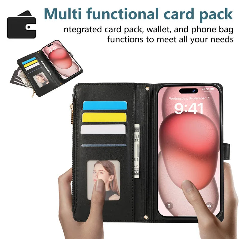 Crossbody Lanyard Leather Zip Wallet Card Slot Phone Case for Samsung Galaxy Z Fold 7 6 5 4 3 Wrist Strap Flip Stand Cover Etui