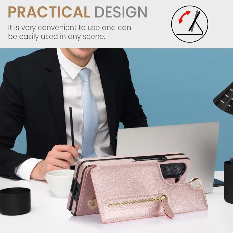 Ring Leather Zipper Wallet Card Slot Phone Case for Samsung Galaxy Z Fold 7 6 5 4 3 Shock Proof Flip Purse Holder Cover Hoesje