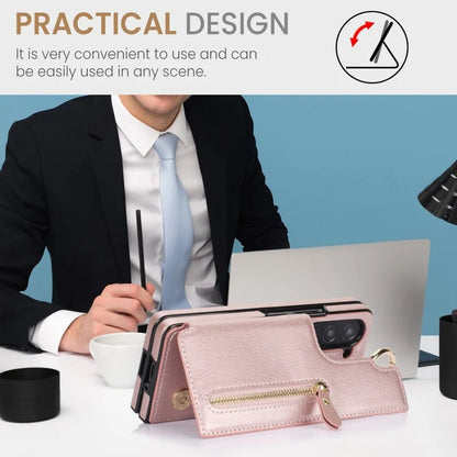 Ring Leather Zipper Wallet Card Slot Phone Case for Samsung Galaxy Z Fold 7 6 5 4 3 Shock Proof Flip Purse Holder Cover Hoesje