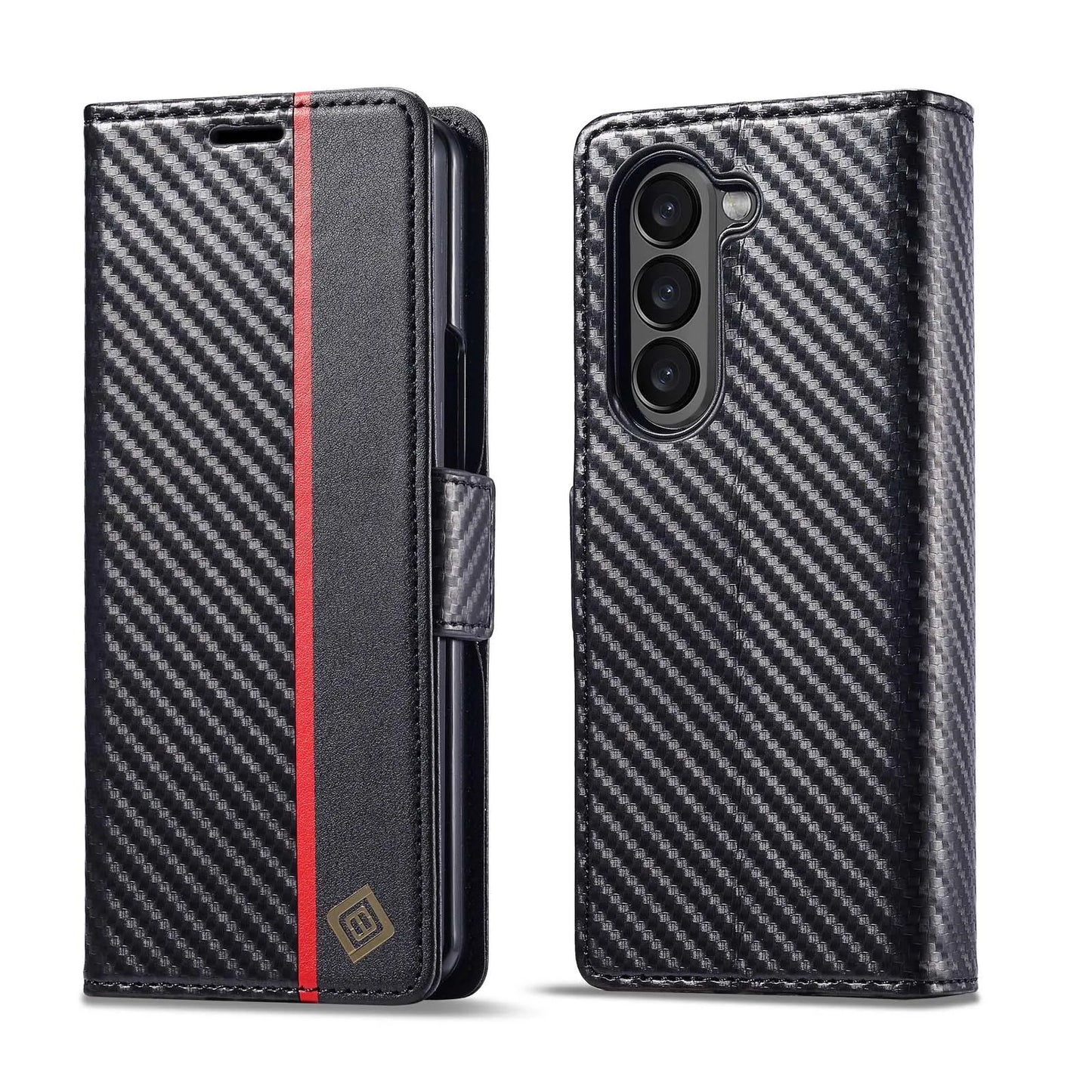 ZFold 7 Carbon Fiber Texture Phone Case for Samsung Galaxy Z Fold 7 6 5 4 3 W23 W22 5G Buckle Pu Leather Card Slot Holder Wallet