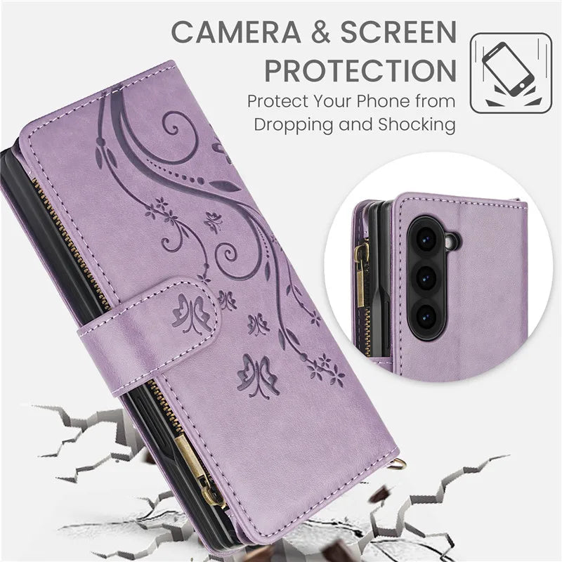 Lanyard Leather Zipper Wallet Multi Card Phone Case for Samsung Galaxy Z Fold 7 6 5 4 3 Fold6 Fold5 Fold4 Fold3 Flip Stand Cover