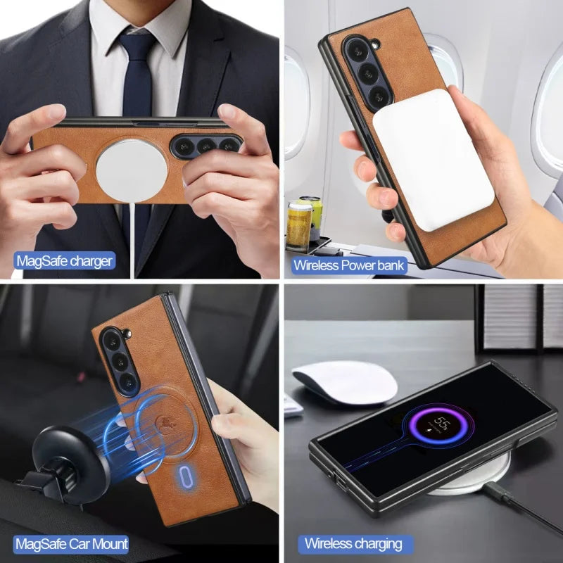 MagSafe Wireless Charging Leather Purse Phone Case For Samsung Galaxy Z Fold 7 6 5 4 3 Fold7 Fold6 Fold5 Flip Wallet Card Cover