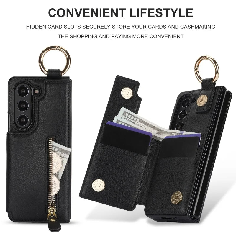 Ring Leather Zipper Wallet Card Slot Phone Case for Samsung Galaxy Z Fold 7 6 5 4 3 Shock Proof Flip Purse Holder Cover Hoesje